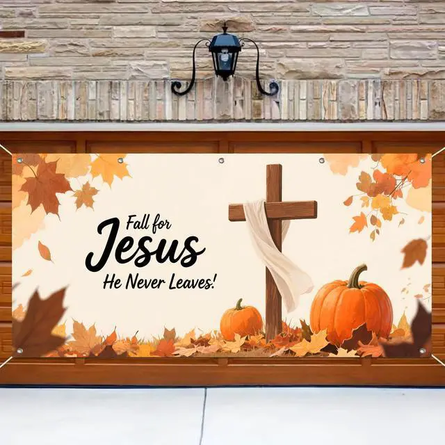 Alt view image 4 of 6 - 13x6ft Christian Cross Faith Autumn Garage Door Banner | Polyester fabric, Realistic wood cross artwork, Religious mural for church grounds and residential lawns