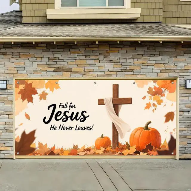 Alt view image 5 of 6 - 13x6ft Christian Cross Faith Autumn Garage Door Banner | Polyester fabric, Realistic wood cross artwork, Religious mural for church grounds and residential lawns