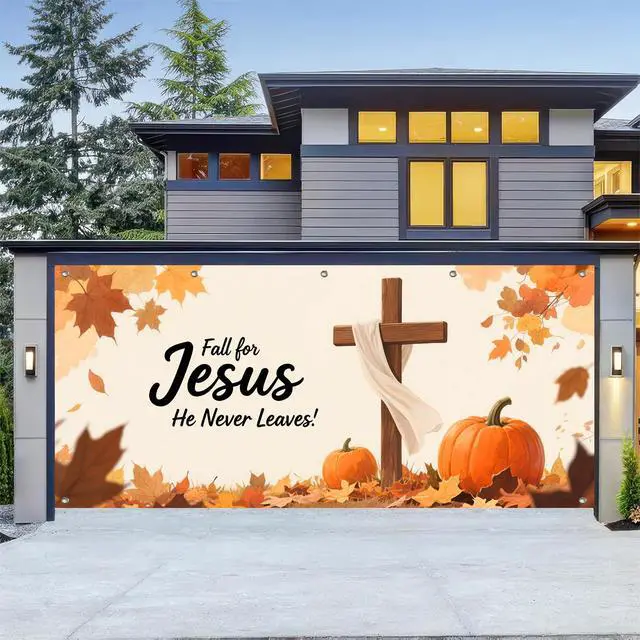 Alt view image 6 of 6 - 13x6ft Christian Cross Faith Autumn Garage Door Banner | Polyester fabric, Realistic wood cross artwork, Religious mural for church grounds and residential lawns