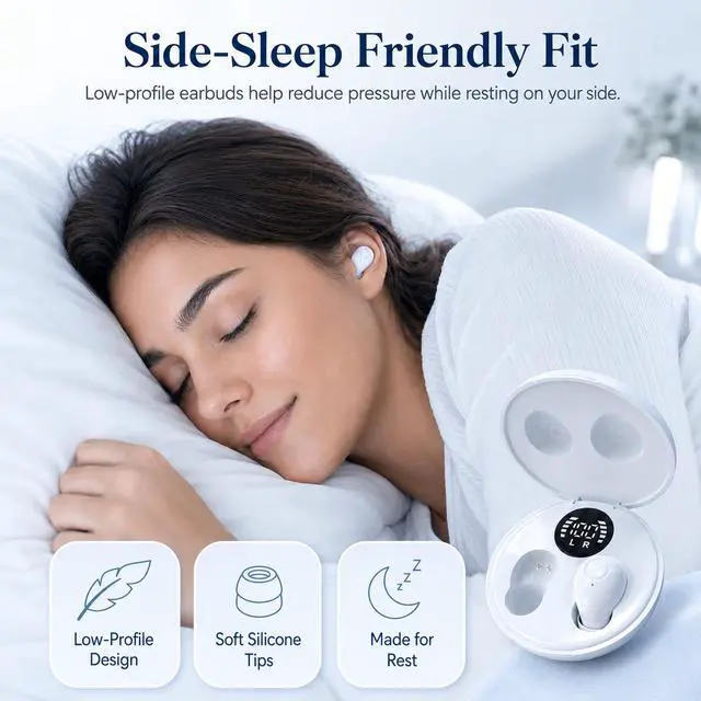 Alt view image 3 of 6 - Invisible Bluetooth Earbuds for Small Ears, Skin Tone, Mini Wireless, Discreet, for Side Sleepers, Work, Office, with Smart LED Display Charging Case, White