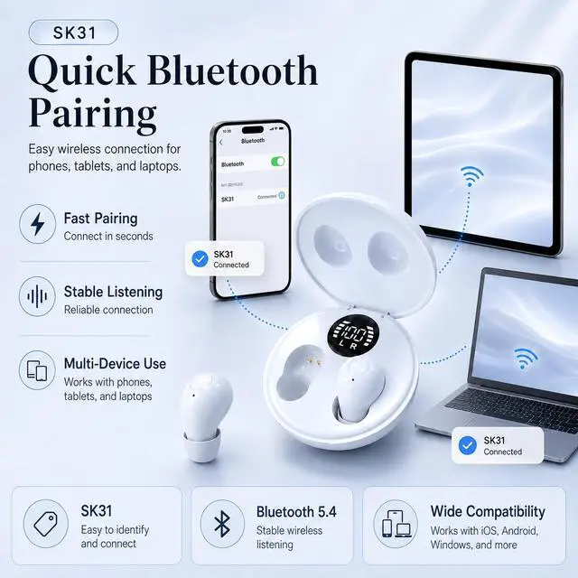 Alt view image 6 of 6 - Invisible Bluetooth Earbuds for Small Ears, Skin Tone, Mini Wireless, Discreet, for Side Sleepers, Work, Office, with Smart LED Display Charging Case, White