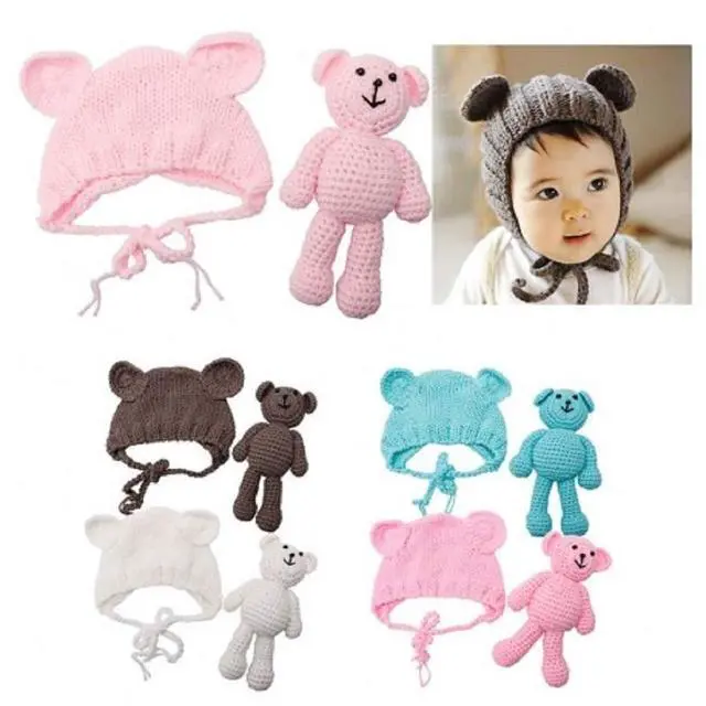 Alt view image 2 of 3 - Newborn Baby Crochet Knit Costume Photography Prop Baby Bear Hat and Doll Set