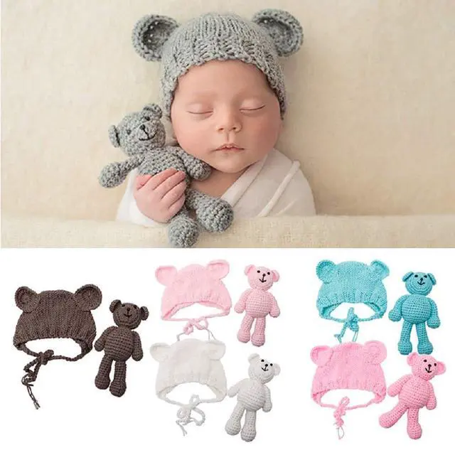 Alt view image 3 of 3 - Newborn Baby Crochet Knit Costume Photography Prop Baby Bear Hat and Doll Set