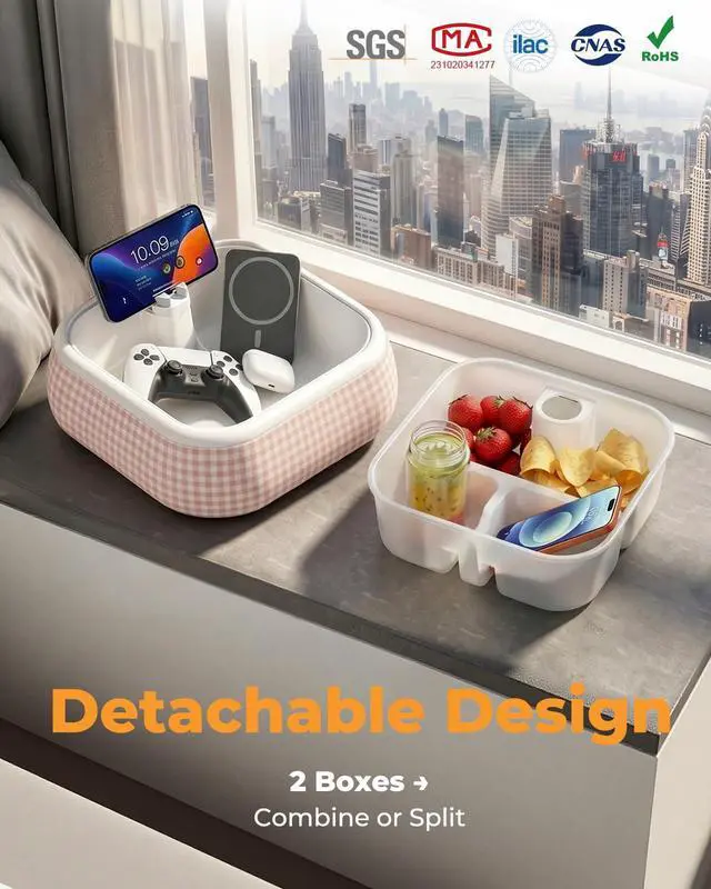 Alt view image 3 of 6 - Bedside Caddy with Phone & Kindle Stand, Couch Organizer Tray with Adjustable Tablet Holder, Bed Organizer Storage Basket with Removable Dividers for Remote Controls, Snacks and Bedroom Essentials