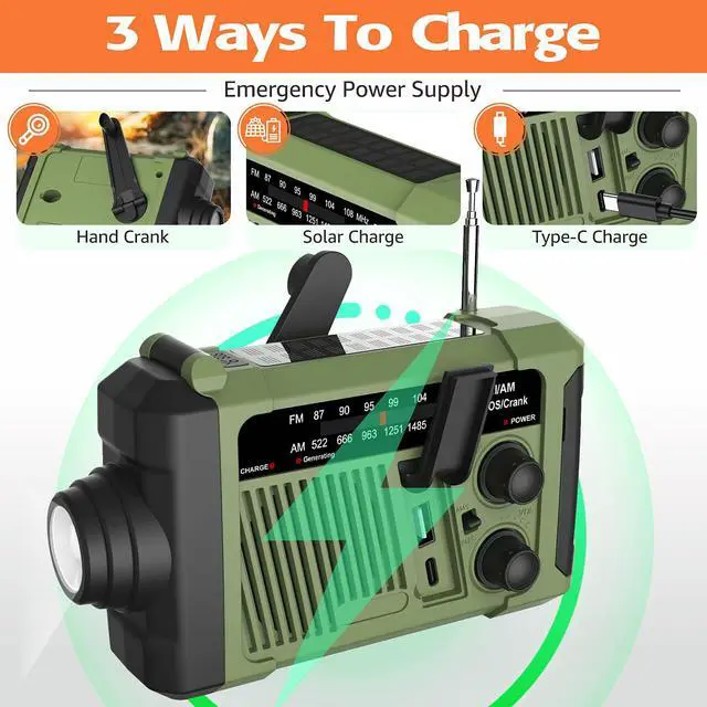 Alt view image 2 of 6 - Emergency Weather Radio, NOAA Solar Hand Crank Radio with Flashlight | NOAA/AM/FM/WB radio,flashlight,COB reading light,USB charging,Size:6.9x2.2x3.8in,Users:homeowners,campers,hikers,travelers