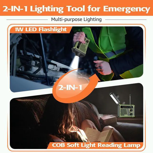 Alt view image 3 of 6 - Emergency Weather Radio, NOAA Solar Hand Crank Radio with Flashlight | NOAA/AM/FM/WB radio,flashlight,COB reading light,USB charging,Size:6.9x2.2x3.8in,Users:homeowners,campers,hikers,travelers