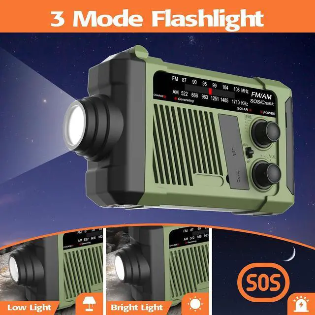 Alt view image 4 of 6 - Emergency Weather Radio, NOAA Solar Hand Crank Radio with Flashlight | NOAA/AM/FM/WB radio,flashlight,COB reading light,USB charging,Size:6.9x2.2x3.8in,Users:homeowners,campers,hikers,travelers