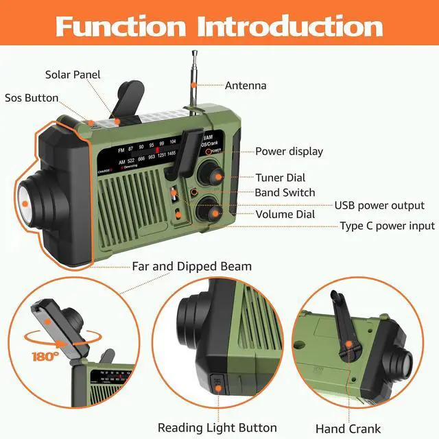 Alt view image 6 of 6 - Emergency Weather Radio, NOAA Solar Hand Crank Radio with Flashlight | NOAA/AM/FM/WB radio,flashlight,COB reading light,USB charging,Size:6.9x2.2x3.8in,Users:homeowners,campers,hikers,travelers