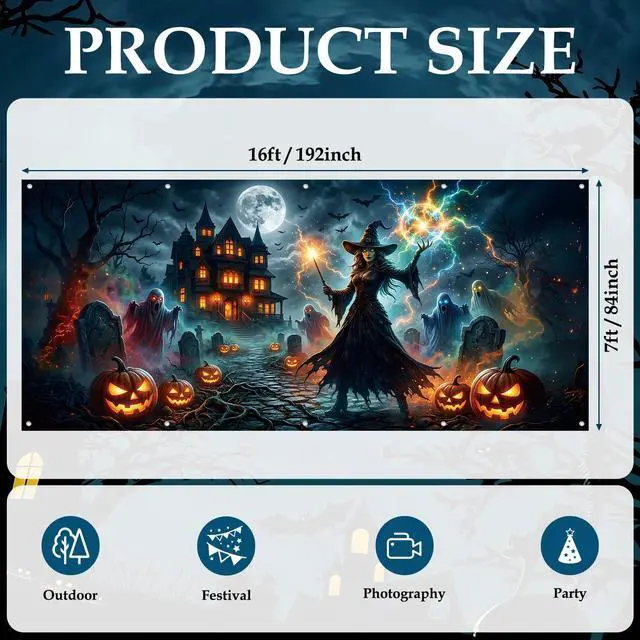 Alt view image 2 of 6 - 16 x 7 FT Halloween Garage Door Cover Banner Scary Witch Haunted House Backdrop with Ghosts, Pumpkins and Lightning, Horror Outdoor Garage Door Cover Decoration for Yard Party Supplies