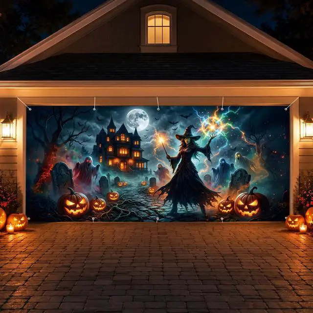 Alt view image 4 of 6 - 16 x 7 FT Halloween Garage Door Cover Banner Scary Witch Haunted House Backdrop with Ghosts, Pumpkins and Lightning, Horror Outdoor Garage Door Cover Decoration for Yard Party Supplies