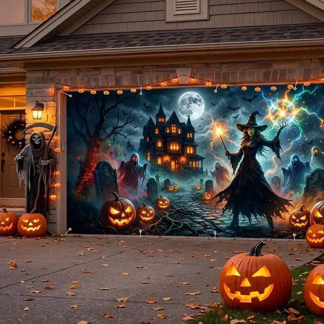 Alt view image 5 of 6 - 16 x 7 FT Halloween Garage Door Cover Banner Scary Witch Haunted House Backdrop with Ghosts, Pumpkins and Lightning, Horror Outdoor Garage Door Cover Decoration for Yard Party Supplies