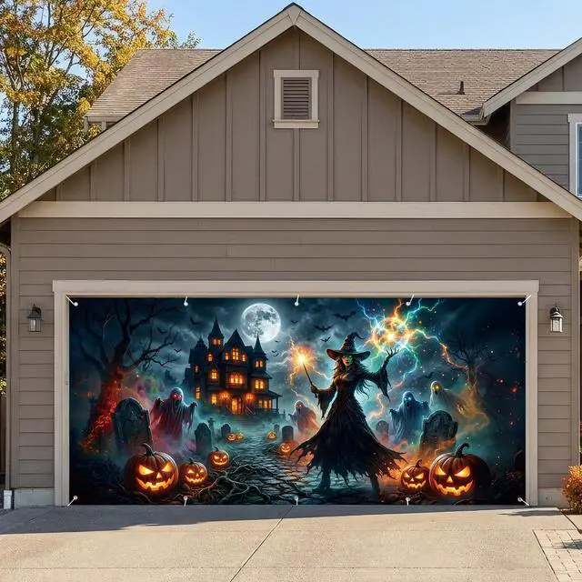 Alt view image 6 of 6 - 16 x 7 FT Halloween Garage Door Cover Banner Scary Witch Haunted House Backdrop with Ghosts, Pumpkins and Lightning, Horror Outdoor Garage Door Cover Decoration for Yard Party Supplies