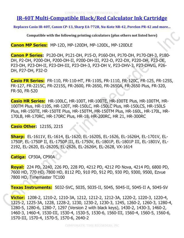 Alt view image 3 of 4 - Calculator Ink Roller Replaces IR40T CP13 EA772R Black/Red, 6-pk | Fits Casio HR-170RC/HR-200RC/HR-300RC, Sharp EL-1750V/EL-1801V, Canon P23-DH-V/P23-DHV-3/P27-DH, Catiga CP30A/CP90A, & more