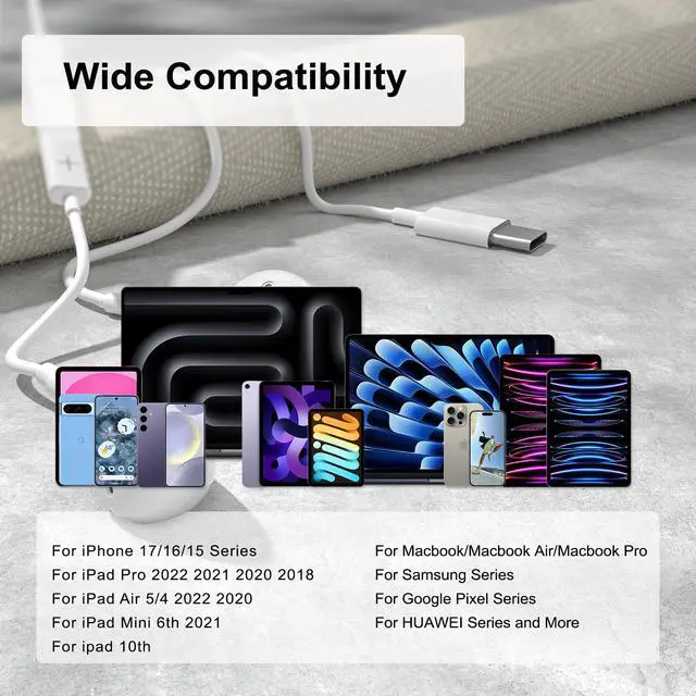 Alt view image 3 of 6 - 2 Pack USB C Headphones Wired for iPhone 17/16/15 Series, for iPad Pro Air 5/4/Mini 6/iPad 10th, Type C Earbuds for MacBook Pro/air, Control Microphone, Volume, Music