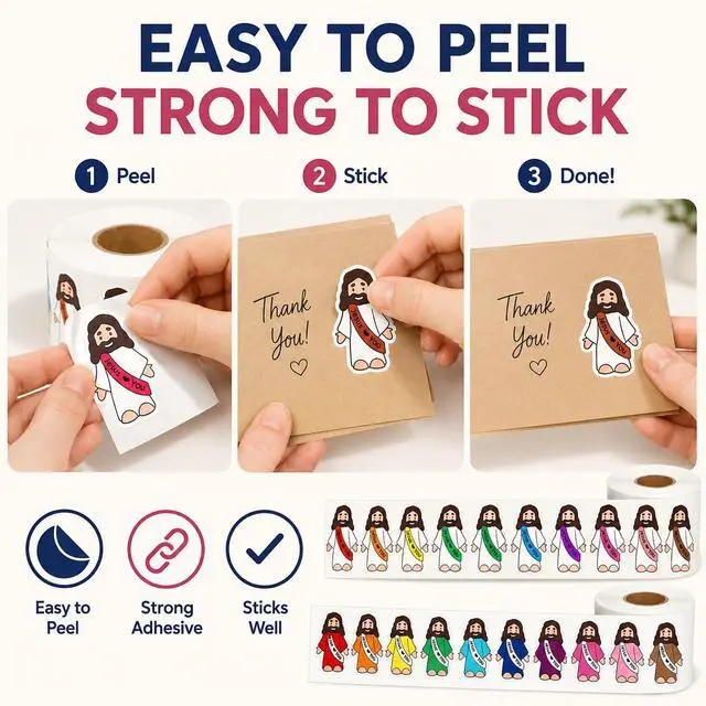 Alt view image 3 of 6 - 1600 Pcs Jesus Love You Stickers Roll, 1.5 x 1.1 Inch Cute Cartoon Christian Stickers for Kids, Inspirational Religious Stickers for Sunday School, VBS, Church Rewards & Crafts