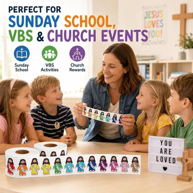 Alt view image 4 of 6 - 1600 Pcs Jesus Love You Stickers Roll, 1.5 x 1.1 Inch Cute Cartoon Christian Stickers for Kids, Inspirational Religious Stickers for Sunday School, VBS, Church Rewards & Crafts