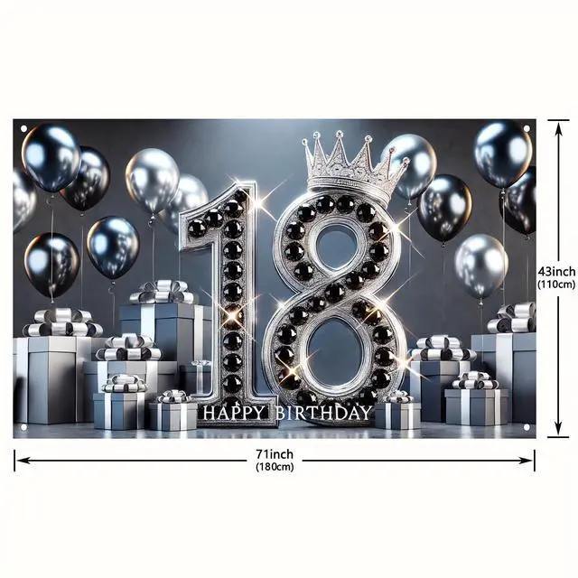 Alt view image 2 of 5 - 18th Birthday Black Silver Backdrop 71x43 Inch | Eighteen Bday Poster Photo Props Background Decor Wall Lawn Yard Living Room Shiny Silver Star Number Print