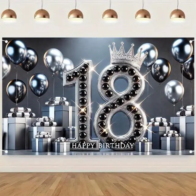 Alt view image 3 of 5 - 18th Birthday Black Silver Backdrop 71x43 Inch | Eighteen Bday Poster Photo Props Background Decor Wall Lawn Yard Living Room Shiny Silver Star Number Print