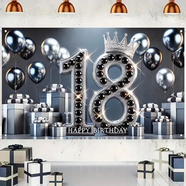 Alt view image 4 of 5 - 18th Birthday Black Silver Backdrop 71x43 Inch | Eighteen Bday Poster Photo Props Background Decor Wall Lawn Yard Living Room Shiny Silver Star Number Print