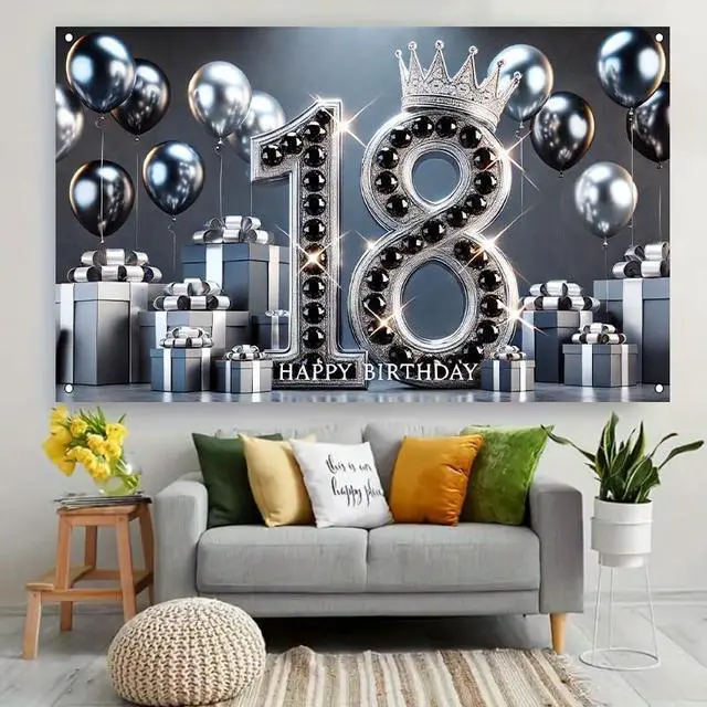 Alt view image 5 of 5 - 18th Birthday Black Silver Backdrop 71x43 Inch | Eighteen Bday Poster Photo Props Background Decor Wall Lawn Yard Living Room Shiny Silver Star Number Print