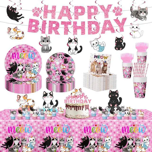 Main image of 188PCS Cat Party Supplies Set - Complete Cat Themed Birthday Party Decorations with Plates, Cups, Napkins, Tablecloth, Honeycomb Centerpieces,Banner and Hanging Swirls