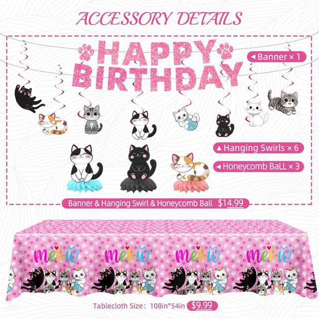 Alt view image 2 of 6 - 188PCS Cat Party Supplies Set - Complete Cat Themed Birthday Party Decorations with Plates, Cups, Napkins, Tablecloth, Honeycomb Centerpieces,Banner and Hanging Swirls