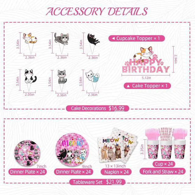 Alt view image 3 of 6 - 188PCS Cat Party Supplies Set - Complete Cat Themed Birthday Party Decorations with Plates, Cups, Napkins, Tablecloth, Honeycomb Centerpieces,Banner and Hanging Swirls