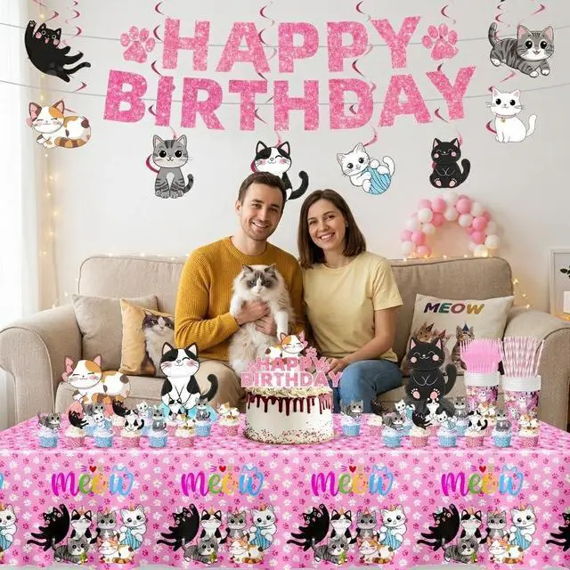 Alt view image 4 of 6 - 188PCS Cat Party Supplies Set - Complete Cat Themed Birthday Party Decorations with Plates, Cups, Napkins, Tablecloth, Honeycomb Centerpieces,Banner and Hanging Swirls