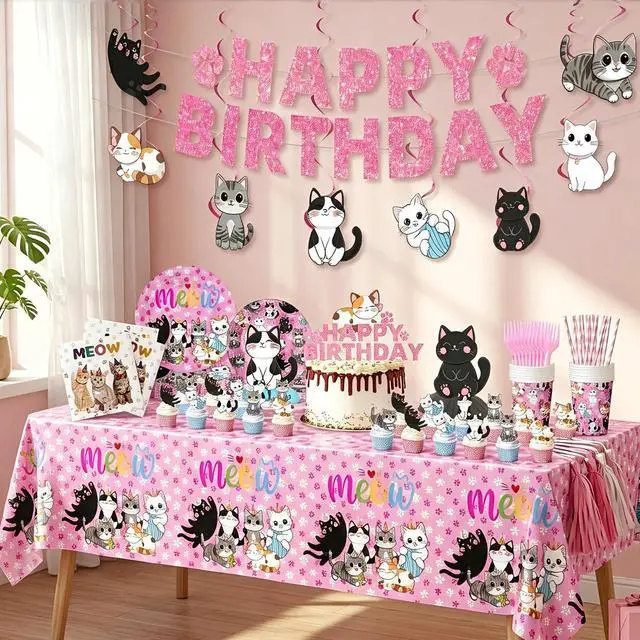 Alt view image 5 of 6 - 188PCS Cat Party Supplies Set - Complete Cat Themed Birthday Party Decorations with Plates, Cups, Napkins, Tablecloth, Honeycomb Centerpieces,Banner and Hanging Swirls