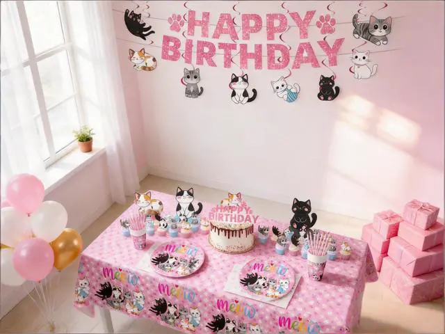 Alt view image 6 of 6 - 188PCS Cat Party Supplies Set - Complete Cat Themed Birthday Party Decorations with Plates, Cups, Napkins, Tablecloth, Honeycomb Centerpieces,Banner and Hanging Swirls