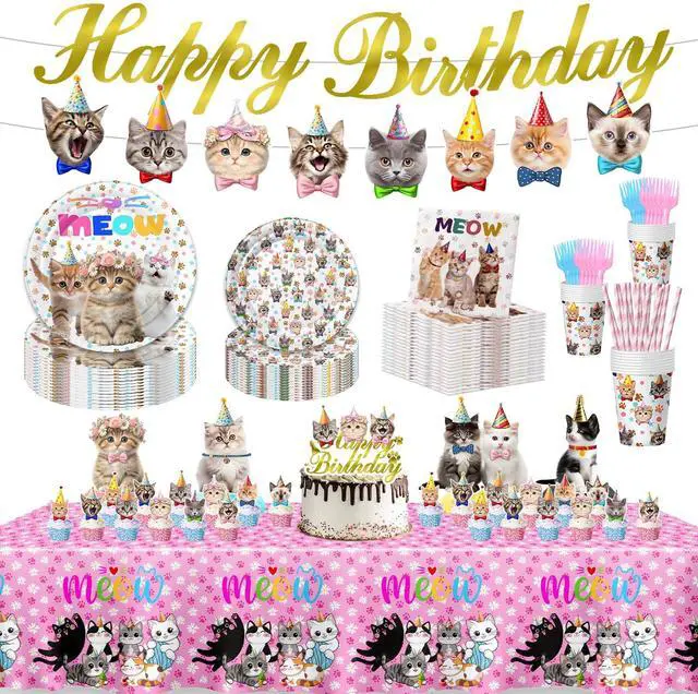 Main image of Cat Birthday Decorations, Cat Party Supplies with 9" & 7" Plates, Napkins, Tablecloth, Cake Topper, Pre-assembled Banner & Honeycomb Centerpieces for Cat Themed Birthday Party Decorations