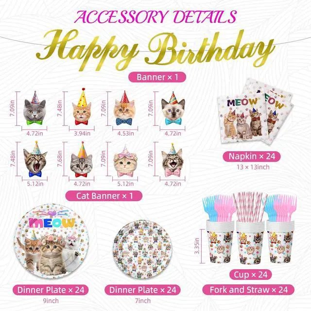 Alt view image 2 of 6 - Cat Birthday Decorations, Cat Party Supplies with 9" & 7" Plates, Napkins, Tablecloth, Cake Topper, Pre-assembled Banner & Honeycomb Centerpieces for Cat Themed Birthday Party Decorations
