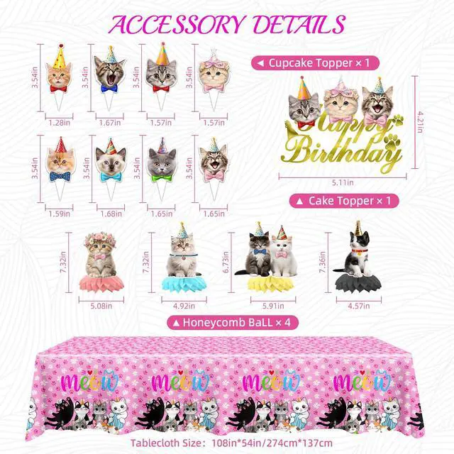Alt view image 3 of 6 - Cat Birthday Decorations, Cat Party Supplies with 9" & 7" Plates, Napkins, Tablecloth, Cake Topper, Pre-assembled Banner & Honeycomb Centerpieces for Cat Themed Birthday Party Decorations