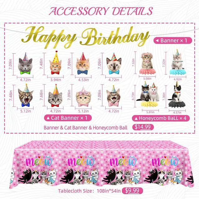 Alt view image 4 of 6 - Cat Birthday Decorations, Cat Party Supplies with 9" & 7" Plates, Napkins, Tablecloth, Cake Topper, Pre-assembled Banner & Honeycomb Centerpieces for Cat Themed Birthday Party Decorations