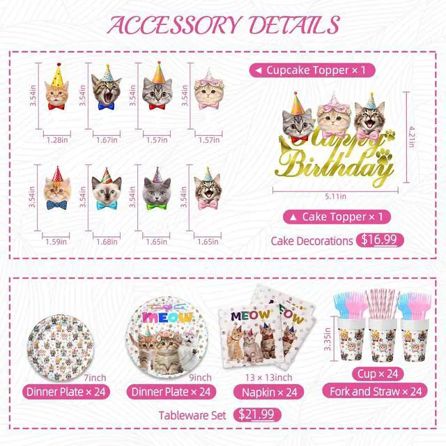 Alt view image 5 of 6 - Cat Birthday Decorations, Cat Party Supplies with 9" & 7" Plates, Napkins, Tablecloth, Cake Topper, Pre-assembled Banner & Honeycomb Centerpieces for Cat Themed Birthday Party Decorations