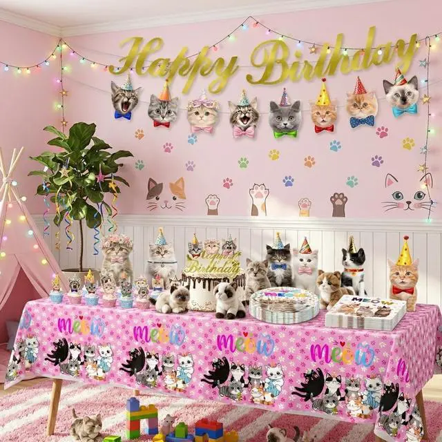 Alt view image 6 of 6 - Cat Birthday Decorations, Cat Party Supplies with 9" & 7" Plates, Napkins, Tablecloth, Cake Topper, Pre-assembled Banner & Honeycomb Centerpieces for Cat Themed Birthday Party Decorations