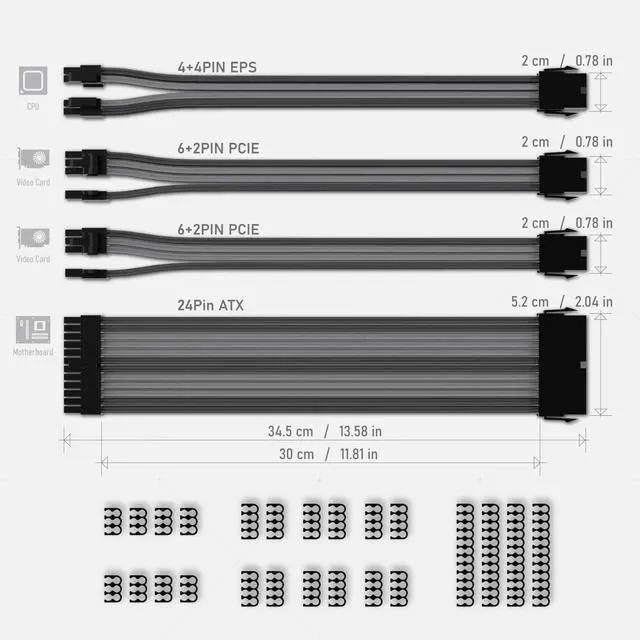 Alt view image 2 of 6 - PSU Cable Extension Kit, 18AWG, ATX/EPS/PCIe, 30cm, Black Grey | PET Sleeved Cables, Cable Combs Included, 4-Cable Extension, Flexible Routing, Clean Cable Setup, Custom PC Builds