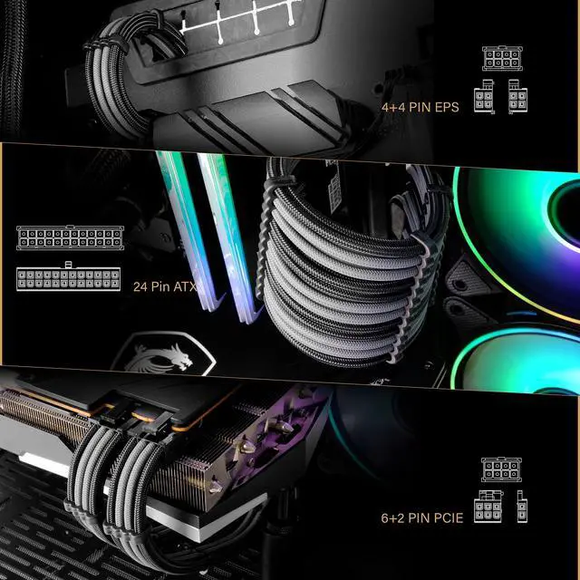 Alt view image 6 of 6 - PSU Cable Extension Kit, 18AWG, ATX/EPS/PCIe, 30cm, Black Grey | PET Sleeved Cables, Cable Combs Included, 4-Cable Extension, Flexible Routing, Clean Cable Setup, Custom PC Builds