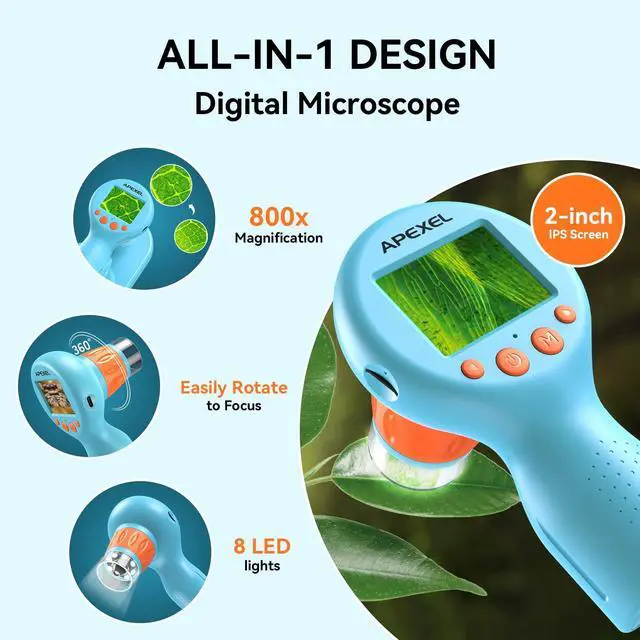 Alt view image 3 of 6 - 800X Handheld Digital Microscope with 2 IPS Screen, Photo & Video Portable Microscope with Adjustable Lights (Including SD Card & Slides)