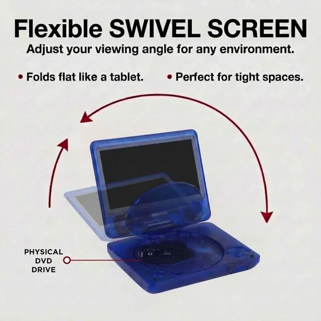 Alt view image 3 of 6 - 7 Inch Portable DVD Player with Swivel Screen, Translucent DVD Player with USB SD Playback, RechargeableBattery, AV Out, Remote, Car Charger, 100240V / DC 5V