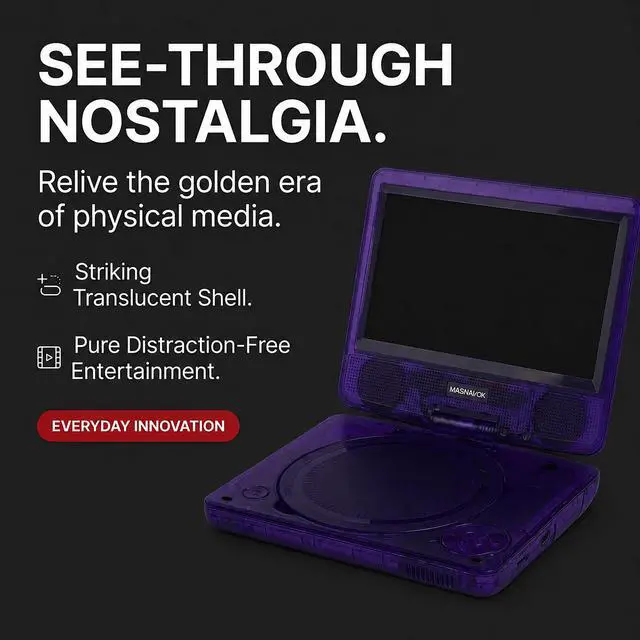 Alt view image 2 of 6 - 7 Inch Portable DVD Player with Swivel Screen, Translucent DVD Player with USB SD Playback, RechargeableBattery, AV Out, Remote, Car Charger, 100240V / DC 5V