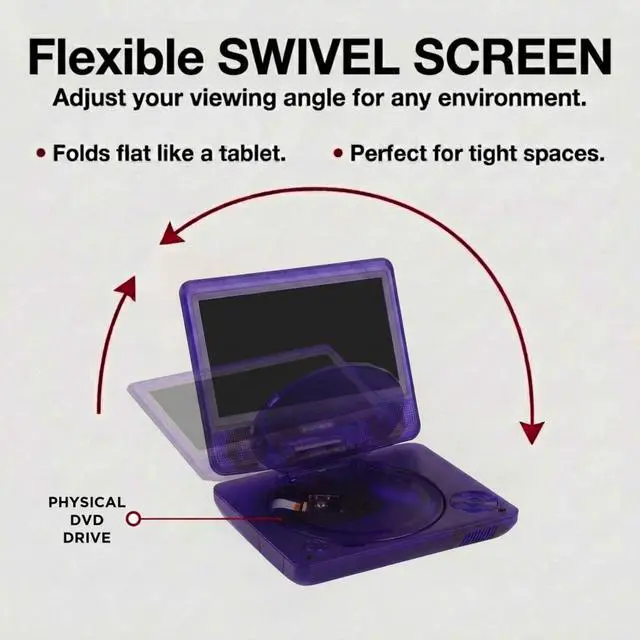 Alt view image 3 of 6 - 7 Inch Portable DVD Player with Swivel Screen, Translucent DVD Player with USB SD Playback, RechargeableBattery, AV Out, Remote, Car Charger, 100240V / DC 5V