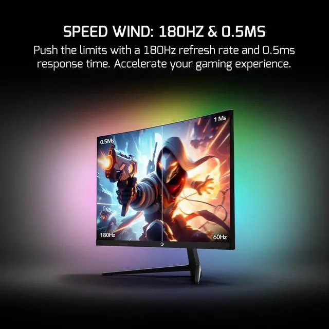 Alt view image 3 of 6 - T40 23.6 Inch Curved Gaming Monitor, 180Hz 1080p Display, 0.5ms Response Time, VA Panel, AMD FreeSync, HDR Support, 125% sRGB, RGB Backlight, Dual Speakers, Zero Frame Design, HDMI/DP, 1800R