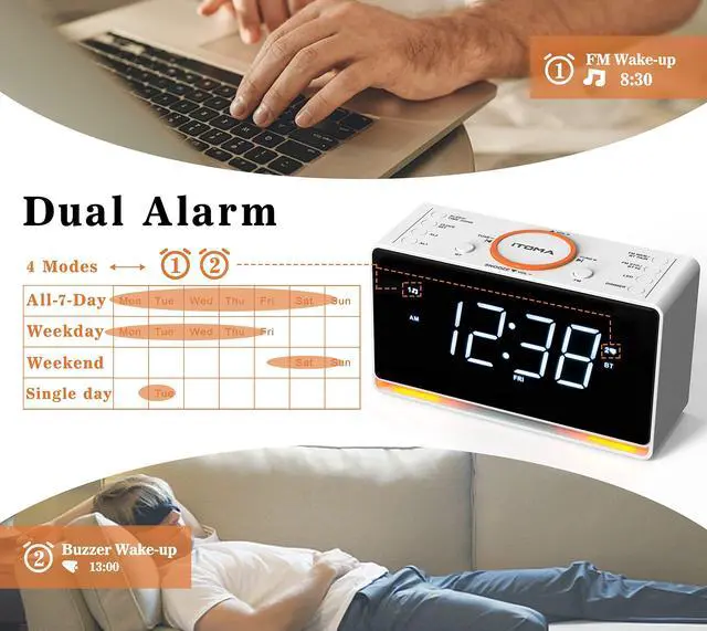 Alt view image 2 of 6 - Alarm Clock Radio, 1.4" White LED Display Clock with Bluetooth, FM Radio, Dual Alarm, Sleep Timer, Snooze, Auto & Manual Dimmer, USB Charger and Night Light CKS718