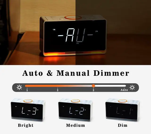 Alt view image 3 of 6 - Alarm Clock Radio, 1.4" White LED Display Clock with Bluetooth, FM Radio, Dual Alarm, Sleep Timer, Snooze, Auto & Manual Dimmer, USB Charger and Night Light CKS718