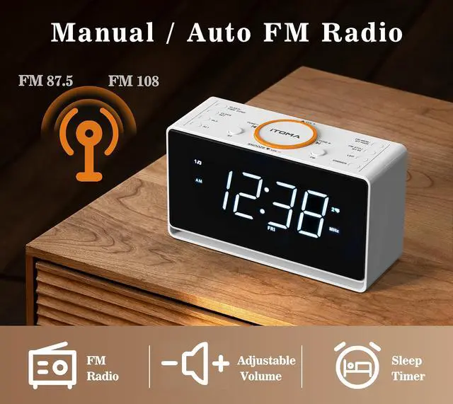 Alt view image 4 of 6 - Alarm Clock Radio, 1.4" White LED Display Clock with Bluetooth, FM Radio, Dual Alarm, Sleep Timer, Snooze, Auto & Manual Dimmer, USB Charger and Night Light CKS718