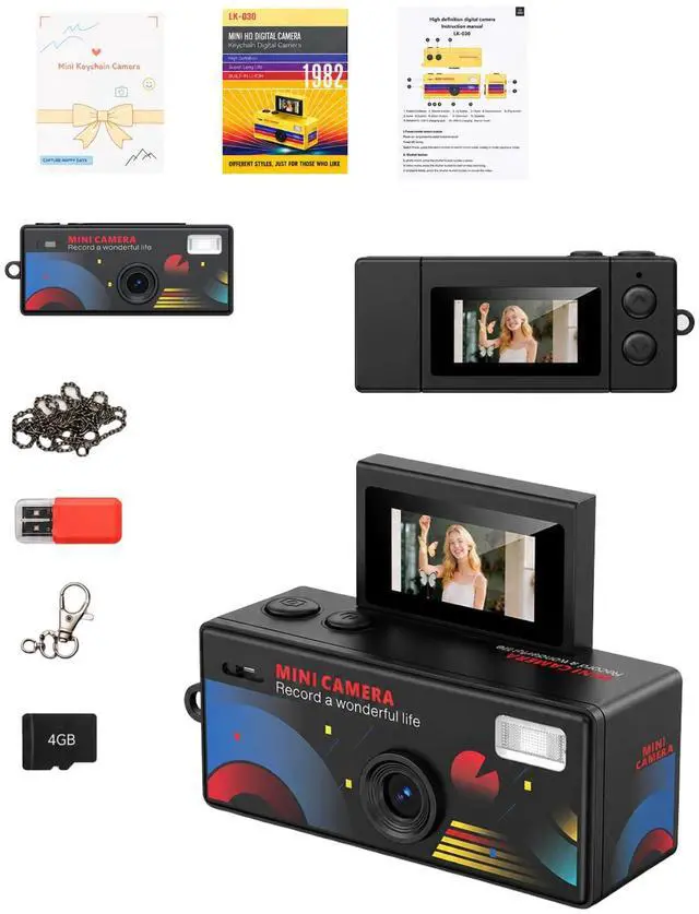 Main image of Mini Keychain Camera with Flip 180° Selfie Screen & Flashlight | 1.6MP Pocket Digicam, Video Recording, 4G Card & Reader, 9 Vibrant Colors, Fun Birthday Gift for Adults, Teens, Photographer