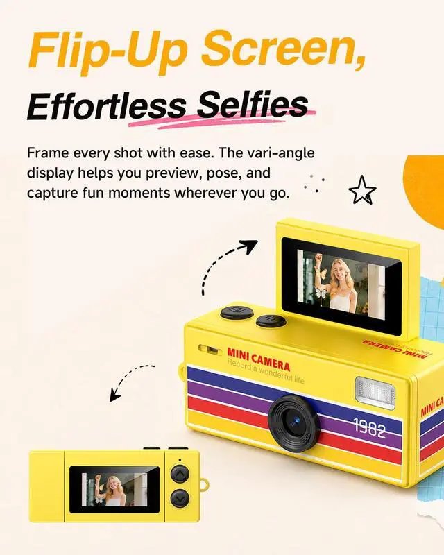Alt view image 2 of 6 - Mini Keychain Camera with Flip 180° Selfie Screen & Flashlight | 1.6MP Pocket Digicam, Video Recording, 4G Card & Reader, 9 Vibrant Colors, Fun Birthday Gift for Adults, Teens, Photographer