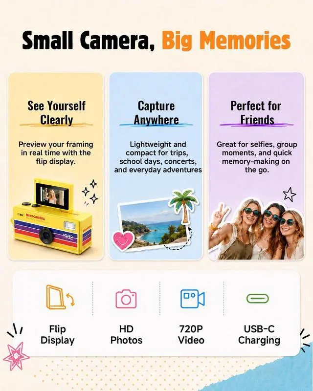 Alt view image 3 of 6 - Mini Keychain Camera with Flip 180° Selfie Screen & Flashlight | 1.6MP Pocket Digicam, Video Recording, 4G Card & Reader, 9 Vibrant Colors, Fun Birthday Gift for Adults, Teens, Photographer