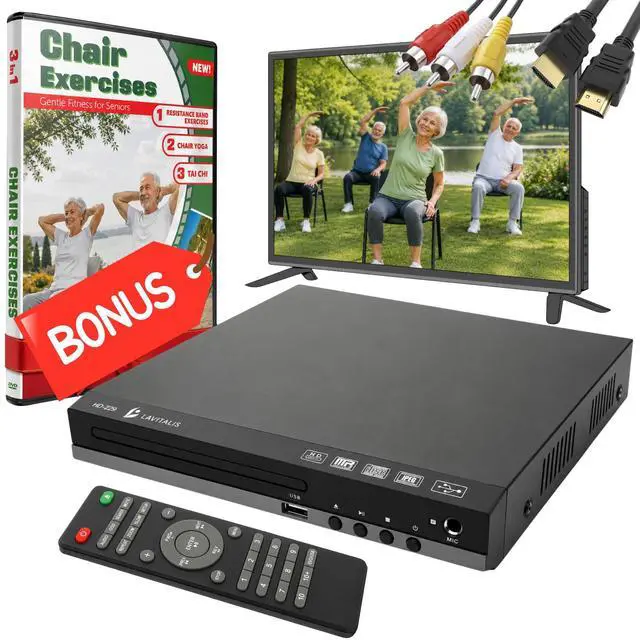 Main image of DVD Player for TV with HDMI Port 1080P, Region Free DVD Player with USB Input, Remote Control, HDMI & RCA Cables Included, Includes Bonus Chair Exercise DVD & Resistance Band